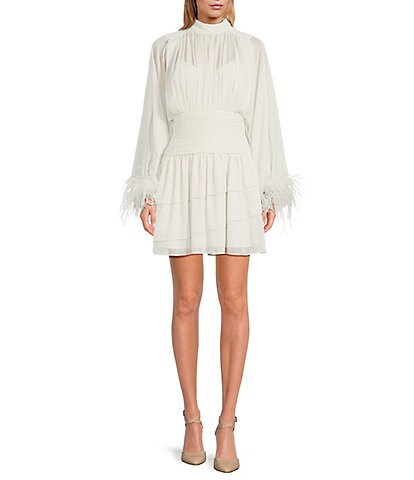 A Loves A Long Sleeve Mock Neck Feather Detail Ruched Mini Dress
