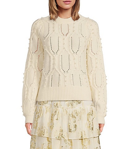 A Loves A Long Sleeve Ribbed Cuff Pearl Embellished Honeycomb Knit Sweater
