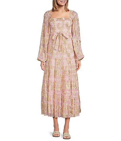 A Loves A Lurex Metallic Floral Printed Long Sleeve Square Neck Smocked Midi Dress