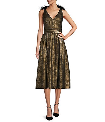 A Loves A Metallic Floral Print V-Neck Sleeveless Feather Shoulder Belted Midi Dress