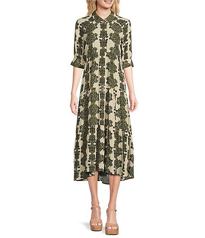 A Loves A Paisley Print Button Front Point Collar 3/4 Sleeve Tiered Midi Shirt Dress