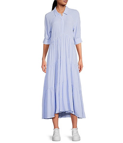A Loves A Pinstripe Print Button Point Collar 3/4 Blouson Cuff Sleeve Tiered Waistless Midi Shirt Dress
