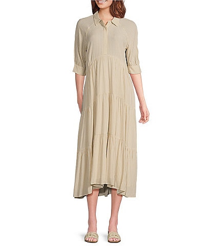 A Loves A Pinstripe Print Button Point Collar 3/4 Blouson Cuff Sleeve Tiered Waistless Midi Shirt Dress
