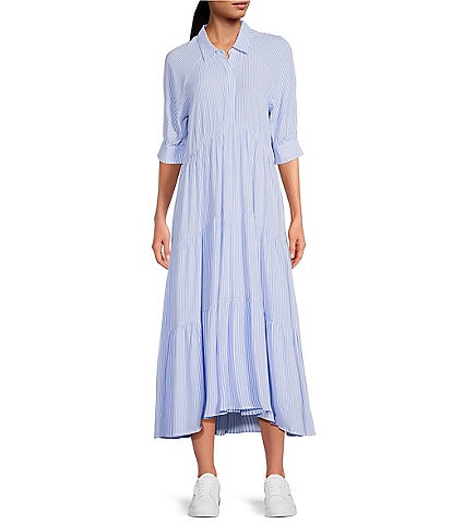 A Loves A Pinstripe Print Button Point Collar 3/4 Blouson Cuff Sleeve Tiered Waistless Midi Shirt Dress