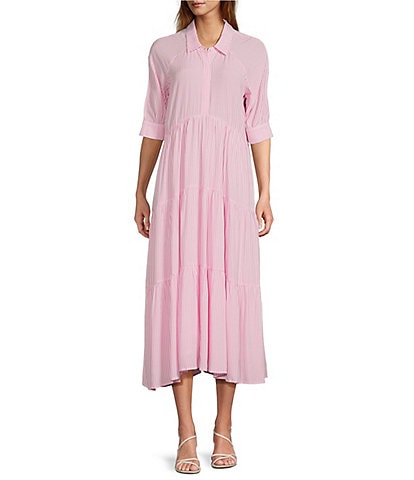 A Loves A Pinstripe Print Button Point Collar 3/4 Blouson Cuff Sleeve Tiered Waistless Midi Shirt Dress