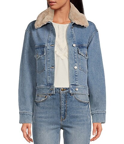 A Loves A Point Collar Removable Faux Fur Long Sleeve Button Front Denim Jacket