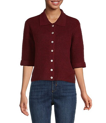 A Loves A Polo Button Front Elbow Length Roll-Tab Sleeve Sweater