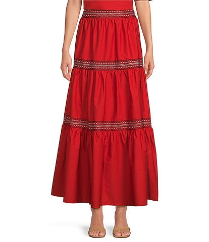 A Loves A Poplin Embroidered Trim Tiered A-Line Coordinating Maxi Skirt