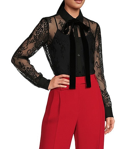 A Loves A Poplin Point Collar Bow Tie Neck Sheer Illusion Lace Long Sleeve Button Front Shirttail Blouse