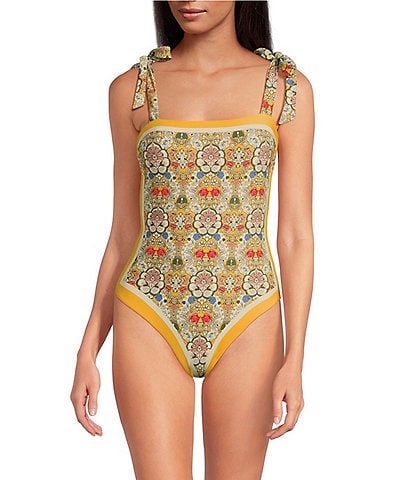 A Loves A Reversible Versailles Floral Bandeau Tie Shoulder One Piece Swimsuit