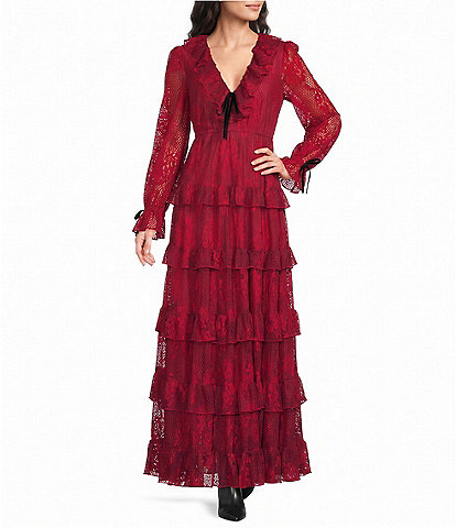 A Loves A Ruffle V-Neck Long Sleeve Lace Tiered Maxi Dress