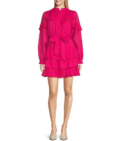A Loves A Ruffled Long Peasant Sleeve Mandarin Collar Button Front Belted Mini Dress