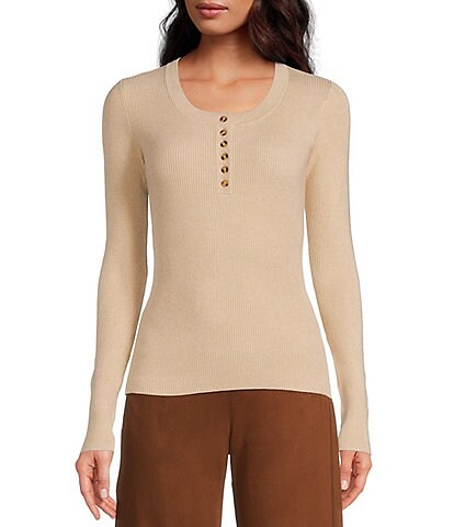 A Loves A Scoop Neck Long Sleeve Ribbed Knit Button Front Henley Sweater