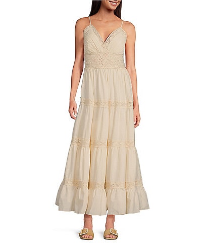 A Loves A Sleeveless V Neck A Line Lace Tiered Maxi Dress