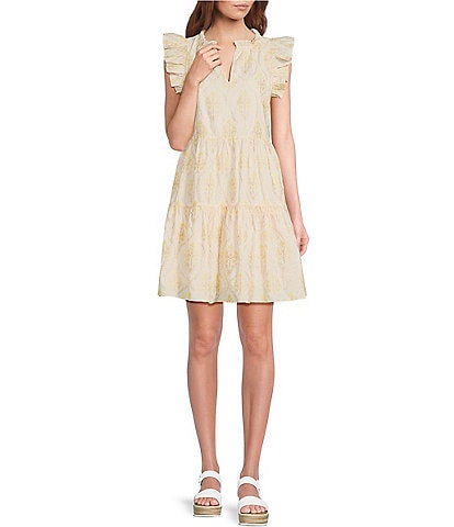 A Loves A Split V-Neck Ruffle Cap Sleeve Tiered Embroidered Mini Dress