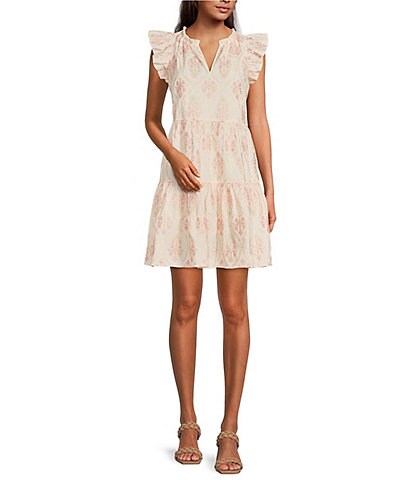 A Loves A Split V-Neck Ruffle Cap Sleeve Tiered Floral Embroidered Voile Mini Dress