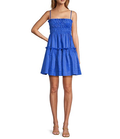 A Loves A Square Neck Sleeveless Spaghetti Strap Smocked Babydoll Mini Dress