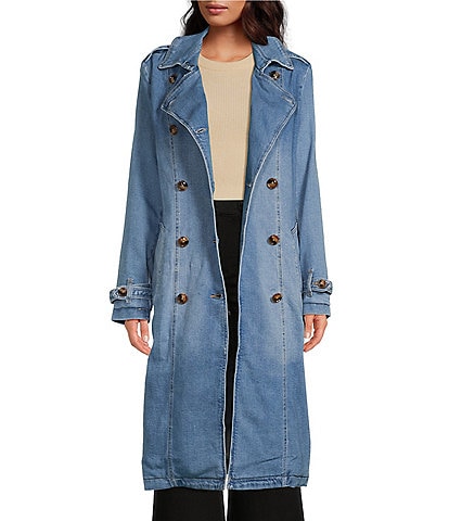 A Loves A Stretch Denim Point Collar Double Breasted Button Front Tie at Waist Long Trench Coat