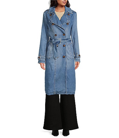 A Loves A Stretch Denim Point Collar Double Breasted Button Front Tie at Waist Long Trench Coat