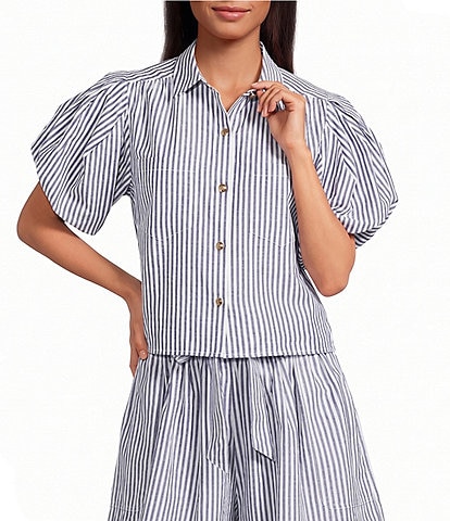 A Loves A Striped Collared Button Front Short Puff Sleeve Cropped Coordinating Shirt