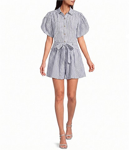 A Loves A Striped Collared Button Front Short Puff Sleeve Cropped Coordinating Shirt