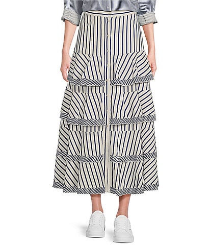 A Loves A Striped High Rise Button Front Contrast Trim Tiered Maxi Skirt