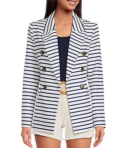 A Loves A Striped Long Sleeve Notch Lapel Double Breasted Blazer