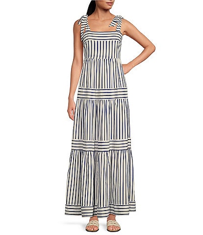 A Loves A Striped Sleeveless Tie Shoulder Smocked Back Tiered Maxi Dress