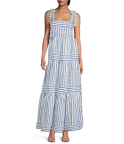 A Loves A Stripe Print Square Neck Tie Strap Tiered A-Line Flounce Maxi Dress
