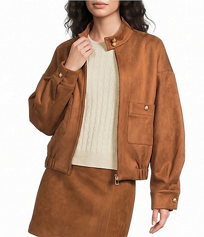 A Loves A Suede Mock Neck Long Sleeve Bomber Jacket