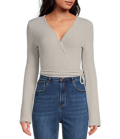 A Loves A Surplice V-Neck Long Flared Sleeve Side Tie Cropped Ballerina Wrap Sweater
