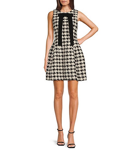 A Loves A Tulip Metallic Wool Blend Houndstooth Contrast Bow Round Neck Sleeveless A-Line Mini Dress