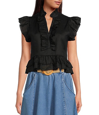 A Loves A V-Neck Cap Sleeve High-Low Hem Ruffled Cropped Top