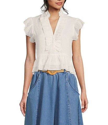 A Loves A V-Neck Cap Sleeve High-Low Hem Ruffled Cropped Top