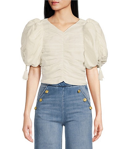A Loves A V Neck Short Bubble Tassel Sleeve Ruched Cropped Blouse