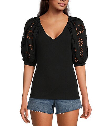 A Loves A V-Neck Short Contrasting Embroidered Eyelet Puff Sleeve Knit Top