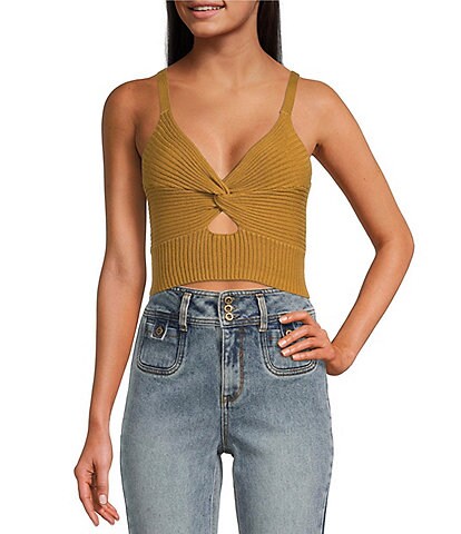 A Loves A V-Neck Twist Front Sleeveless Cut-Out Knit Crop Tank