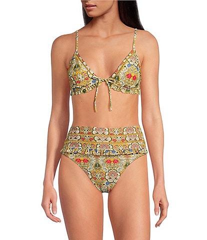 A Loves A Versailles Floral Ruffle Triangle Bralette Swim Top & High Waisted Swim Bottom