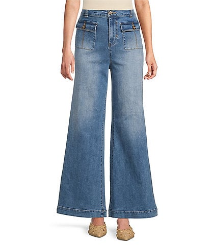 A Loves A Vintage Wash Denim High Rise Patch Pocket Wide Flare Jeans