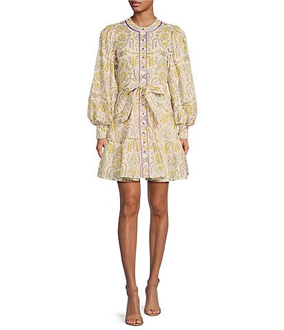 A Loves A Voile Floral Printed Round Neck Lantern Sleeve Button Front Mini Dress