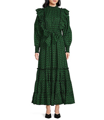 A Loves A Voile Lattice Print Mock Neck Long Sleeve Smocked Tie Front Tiered Maxi Dress