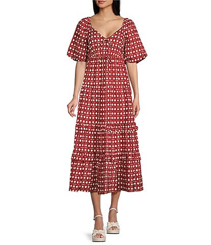 A Loves A Voile Lattice Print V-Neck Short Puffed Sleeve Tie Front Tiered Midi Dress