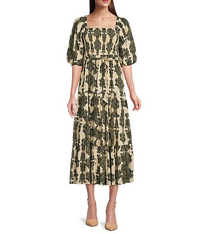 A Loves A Wild Sage Print Smocked Square Neck Short Puff Sleeve Self-Tie Belt Tiered Midi Dress