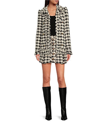 A Loves A Wool Blend Houndstooth Fringe Open Front Long Sleeve Blazer & High Rise Embellished Button Front Pleated Mini Skirt