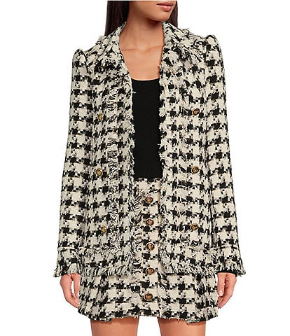 A Loves A Wool Blend Houndstooth Fringe Open Front Long Sleeve Coordinating Blazer