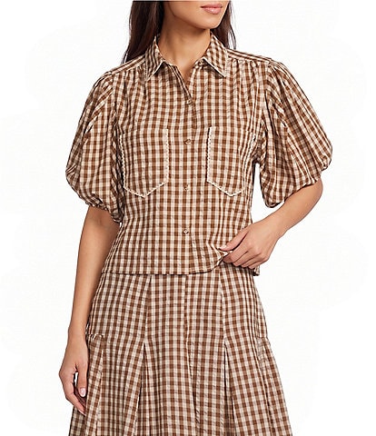 A Loves A Woven Checker Gingham Print Collared Neck Short Bubble Sleeve Button Front Coordinating Shirt