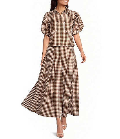 A Loves A Woven Checker Gingham Print Collared Neck Short Bubble Sleeve Button Front Coordinating Shirt