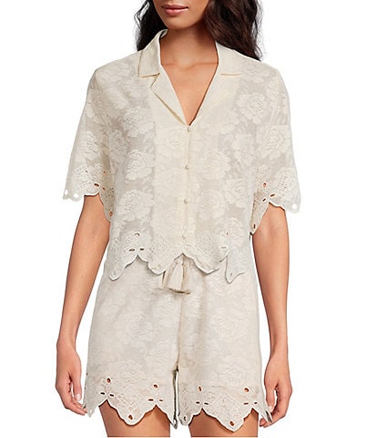 A Loves A Woven Embroidered Lace Notch Lapel Button Front Short Sleeve Scallop Trim Coordinating Shirt