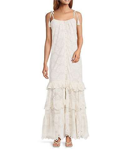 A Loves A Woven Embroidered Lace Sqaure Neck Spaghetti Tie Strap Button Front Tiered Flounce Maxi Dress