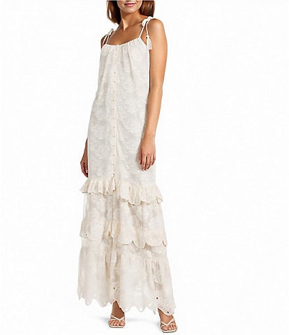 A Loves A Woven Embroidered Lace Sqaure Neck Spaghetti Tie Strap Button Front Tiered Flounce Maxi Dress